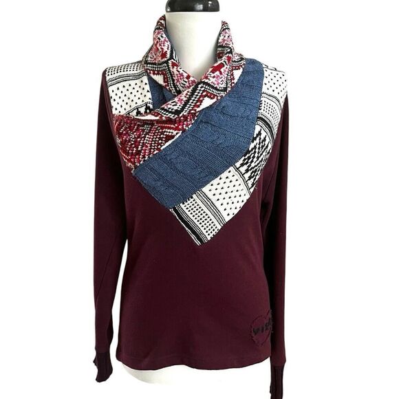 Desigual Patchwork Shawl Neck Pullover Sweater S Burgundy Cottagecore - Picture 2 of 16